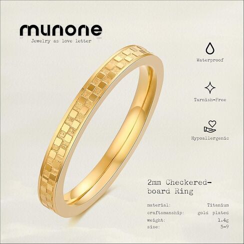 2mm Checkered Ring 14K Gold Plated Titanium Stackable Checkerboard Ring Non Tarnish Comfort Band for Women Men in Kuwait