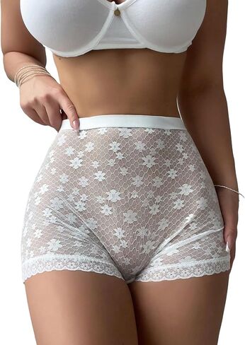 Women's Floral Lace See Through Boyshorts Sheer Mesh Mid Rise Comfy Panties Underwear in Saudi Arabia
