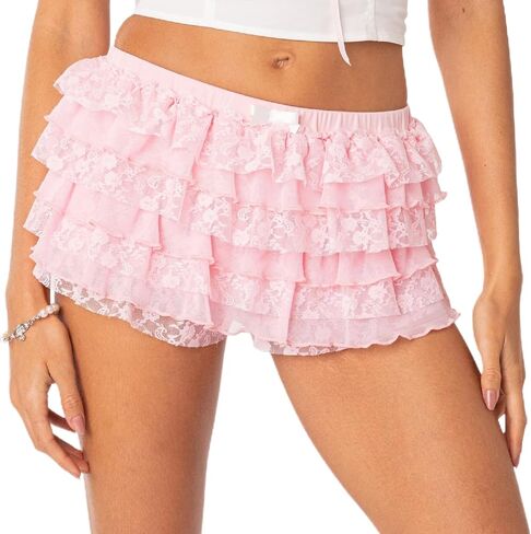 Adoeren Women Lolita Bloomers Cute Bow Ruffle Shorts Layered Lacey Pumpkin Shorts Sexy Micro Bottoms Y2k Boy Shorts in Saudi Arabia