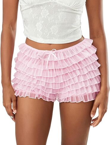 Adoeren Women Lolita Bloomers Cute Bow Ruffle Shorts Layered Lacey Pumpkin Shorts Sexy Micro Bottoms Y2k Boy Shorts in Saudi Arabia