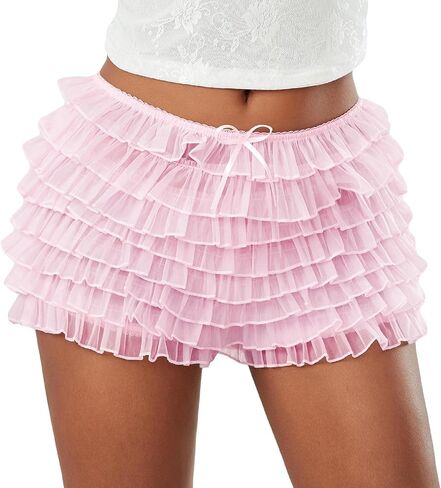 Adoeren Women Lolita Bloomers Cute Bow Ruffle Shorts Layered Lacey Pumpkin Shorts Sexy Micro Bottoms Y2k Boy Shorts in Saudi Arabia