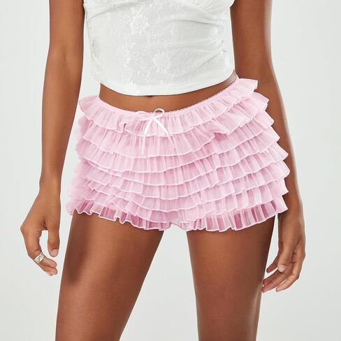 Adoeren Women Lolita Bloomers Cute Bow Ruffle Shorts Layered Lacey Pumpkin Shorts Sexy Micro Bottoms Y2k Boy Shorts in Saudi Arabia
