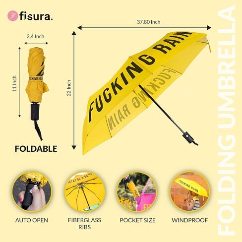 Fisura - Original foldable umbrella “f*cking rain". Yellow and black mini umbrella. Small women’s umbrella. Automatic foldable umbrella. Travel umbrella. in Saudi Arabia