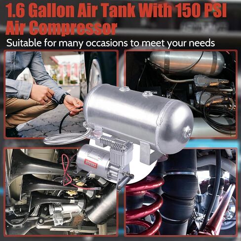 150 PSI Air Compressor with 1.6 Gallon 200 PSI Air Tank Aluminum Air Compressor Onboard System 12V 1/4NPT for Train Truck Trailer Train Auto Air Lift Suspension Heavy Duty Air Horn Compressor in Kuwait