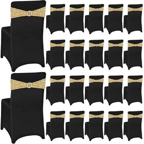 Chumia 50 Sets Chair Covers and Chair Sashes, Spandex Stretch Chair Slipcovers with Shiny Sparkly Chair Bands Bows for Wedding Party Banquet Dining Chair Decor (Black,Gold)
