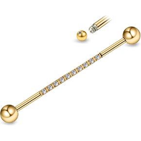FINE4U Gold Industrial Piercing Jewelry 14G 36mm 38mm 1pc - ASTM F136 Titanium Industrial Barbell, Industrial Earrings, Cartilage Body Piercing Jewelry with CZ