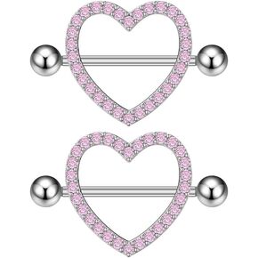 Kokoma 14G Rhinestone Heart Nipple Rings for Women Shiny Cubic Zirconia Hollow Love Heart Nipplerings Barbell Nipple Piercing Nipple Shield Rings Body Piercing Jewelry