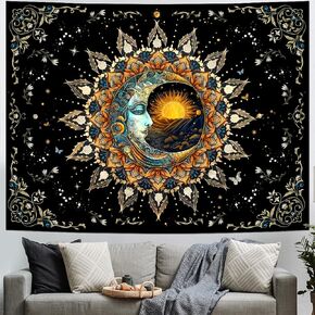 Ameyahud Moon and Sun Tapestry Spiritual Mandala Tapestry Black Flower Plant Tapestry Hippie Boho Tapestry Vintage Aesthetic Tapestry Wall Hanging Decor for Home