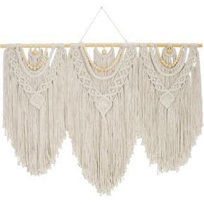 Large Macrame Wall Hanging, Cotton Hand-Woven Boho Tapestry Wall Decor, Home Decoration for Bedroom Living Room Apartment Nursery (white, Bead)