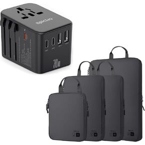 محول السفر العالمي EPICKA 70W PD للشحن السريع، أسود و4 قطع مكعبات تعبئة ضغط خفيفة الوزن للغاية - رمادي داكن