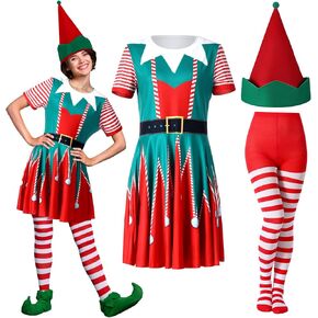 Liitrsh 3 Pcs Christmas Elf Costume Set for Women Ugly Christmas Dress Red White Women's Striped Tights Felt Elf Hats for Xmas Holiday Party