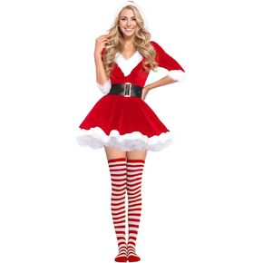 Women's 3 Pieces Mrs Claus Santa Christmas Costume with Hooded Dress Belt Striped Over Knee High Socks (Red, XL)