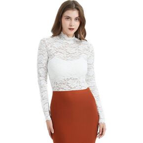 Women's Summer Floral Lace Top Sexy Long Sleeve Mock Neck Casual Shirt Going Out Blouse in Saudi Arabia