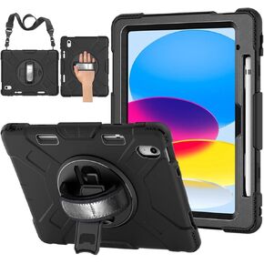 TNP Protective Case for iPad 10.9 Inch 10th Generation 2022 - Shockproof Cover Case with Pencil Holder, Rotating Handle, Adjustable Stand & Shoulder Strap (Model: A2696, A2757, A2777), Pink Pastel