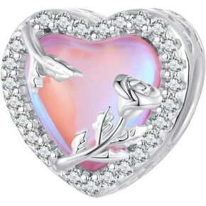 Rose Heart Bead Charms for Bracelets 925 Sterling Silver Heart Charm Paved with Cubic Zirconia and Pink Glass Dainty Love Charm for Lover Girlfriend