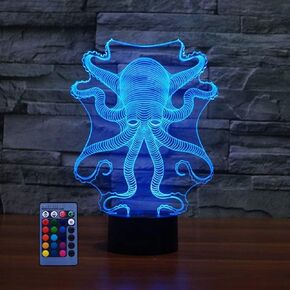 3D Octopus Night Light USB Powered Remote Control Touch Switch Decor Table Optical Illusion Lamps 7/16 Color Changing LED Lamp Home Love Brithday Room Decoration