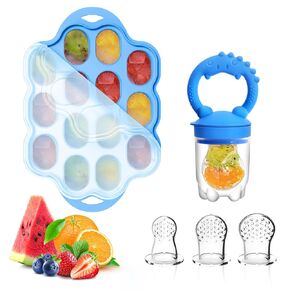 Silicone Baby Food Teether Feeder with Breastmilk Popsicle Molds Combo, BPA Free Baby Fruit Food Feeder Pacifier, Teething Popsicle for Baby 4m+, 3 Sizes Food Pouches Included