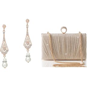 BABEYOND 1920s Vintage Wedding Pearl Dangle Drop Earrings Art Deco Gatsby Earrings Clutch Purses for Women Evening Bag Glitter Pleated Clutch for Bride Party Prom