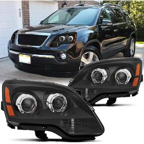 زوج المصابيح الأمامية المعتمدة من DOT متوافق مع 2007 2008 2009 2010 2011 2012 GMC Acadia SLE SLT غطاء أسود كهرماني عاكس OE مصابيح أمامية من نوع الهالوجين للسائق وجانب الركاب