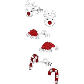 925 Sterling Silver (SET OF 3) Christmas Crystal red & White Candy Cane Reindee Christmas Hat Stud Earrings 33415