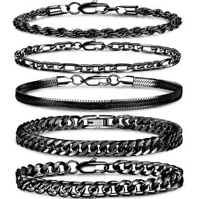 5Pcs Stainless Steel Bracelets for Men Sturdy Mens Chain Bracelet Carb Width Mens Silver Bracelet Exquisite Cuban Link Bracelet for Men Father Boyfriend 6.5/7.5/8.3/9inch
