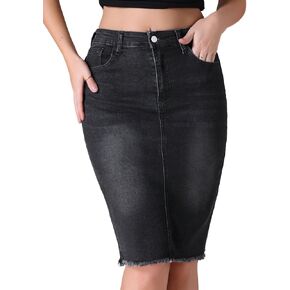 Women's Denim Skirt High Waist Raw Hem Pockets Stretch Bodycon Pencil Skirt Knee Length Jean Skirts