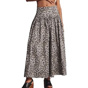 SAFRISIOR Leopard Print Maxi Skirt for Women High Waist Elastic Waistband Flowy A-Line Long Skirts Trendy Fall Dress