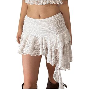 Women's Plus Size Lace Ruched Skirt Asymmetrical Ruffle Hem Low Rise Mini Skirts