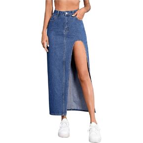 WDIRARA Women's High Waisted Split Thigh Denim Skirt Long Skirts with Pockets