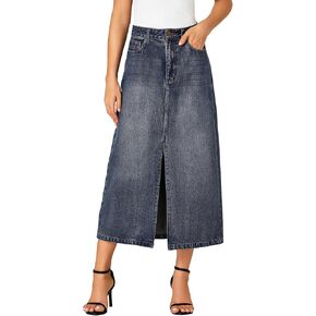Rooscier Women's High Waisted Jean Skirt Casual Split Denim Midi Skirt with Pockets