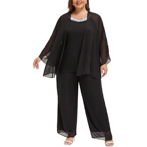 Plus Size Mother of Bride Pant Suits 3 Piece Chiffon Sets Hand Sewn Diamonds Wedding Guest Outfit