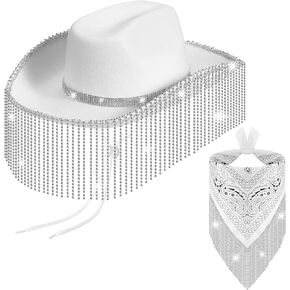 Mepase 2 Pcs Rhinestone Cowgirl Hat Bling Bandana Glitter Cowboy Hat for Disco Parties Western Wedding Cosplay (Rhinestone Style) White