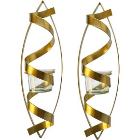 Lily’s Home Tealight Candle Wall Sconces, Spiral Ribbon Iron Metal Art Decoration. Ideal for Wall, Hallways, Living Room.Fit for Wedding, Party and Daily Home Decoration.12 Inch Long. Gold, Set of 2.