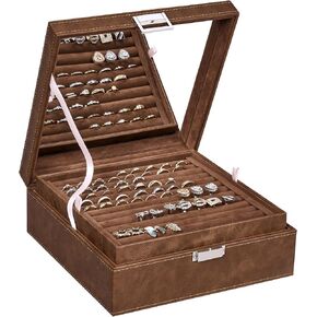 BEWISHOME Cufflink Box Ring Organizer and Earring Box Holder - 12 Ring Slots, 25 Earring Compartments, Large Mirror, 2 Layers Jewelry Box Tray Cufflinks Storage for Girls Women Men, Brown SSH21Z