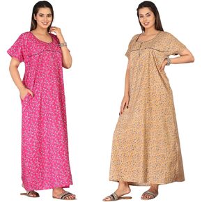 Nightgowns For Women Short Sleeve Soft Indian Nighty For Women Printed Comfort Maxi Long With Pocket Pack Of 2
