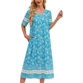 Nightgowns for Women Short Sleeve House Dress with Pockets Floral Print Moo Moos Nightgown Mumu Dress V Neck Housecoat