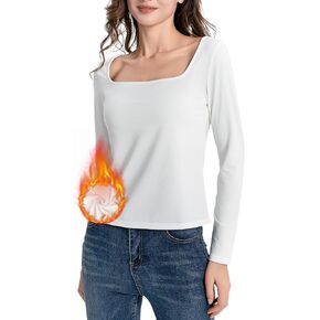 Thermal Tops for Women Fleece Lined Shirt Square Neck Long Sleeve Fitted Tops Thermal Base Layer
