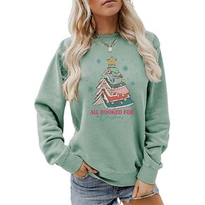 All Booked For Christmas Sweatshirt Women' Cute Book Christmas Tree Colorful Lights Snowflakes pattern Holiday Tops