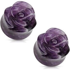 Pierced Owl - Amethyst Semi Precious Natural Stone Rose Flower Carved Double Flared Plugs, Sold as a Pair