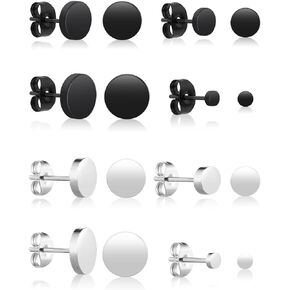 8 Pairs Dot Stud Earrings Stainless Steel Ear Studs Round Flat Top Stud Earrings Set Unisex Stud Earrings Black Silver Earrings for Men Women(3mm 5mm 7mm 8mm)