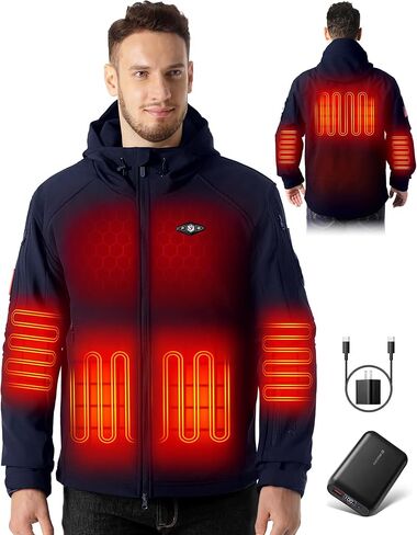 Heated Jackets for Men With 16000mAh Battery Pack Included Windproof Water Resistant Mens Heated Jacket with Foldable Hood (Navy,2XL) in Kuwait