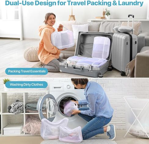 Cambond Machine Washable Mesh Laundry Bag Packing Cubes - 4 Set See Through Packing Cubes for Travel, Lightweight Dual-Use Mesh Laundry Wash Bags with Handle, Travel Cubes Luggage Organizer Bags in Kuwait