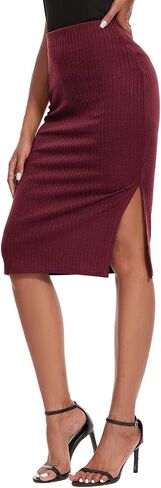 Women's Knee Length Knit Pencil Skirt Stretchy Side Slit Bodycon Midi Skirt in Kuwait