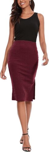 Women's Knee Length Knit Pencil Skirt Stretchy Side Slit Bodycon Midi Skirt in Kuwait