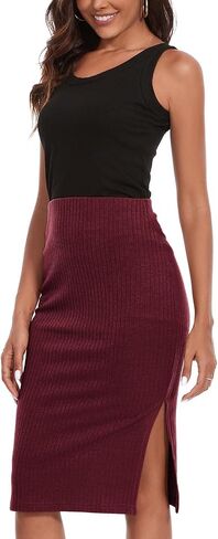 Women's Knee Length Knit Pencil Skirt Stretchy Side Slit Bodycon Midi Skirt in Kuwait
