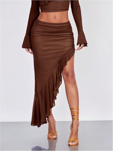 Verdusa Women's Asymmetrical High Split Mesh Maxi Skirts Ruffle Hem Ruched Flowy Bodycon Long Skirt in Kuwait