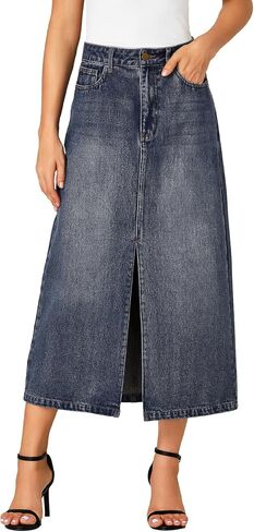 Rooscier Women's High Waisted Jean Skirt Casual Split Denim Midi Skirt with Pockets in Saudi Arabia