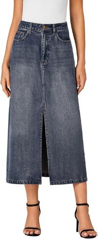 Rooscier Women's High Waisted Jean Skirt Casual Split Denim Midi Skirt with Pockets in Saudi Arabia