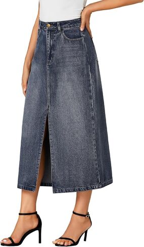 Rooscier Women's High Waisted Jean Skirt Casual Split Denim Midi Skirt with Pockets in Saudi Arabia