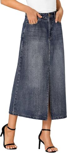 Rooscier Women's High Waisted Jean Skirt Casual Split Denim Midi Skirt with Pockets in Saudi Arabia